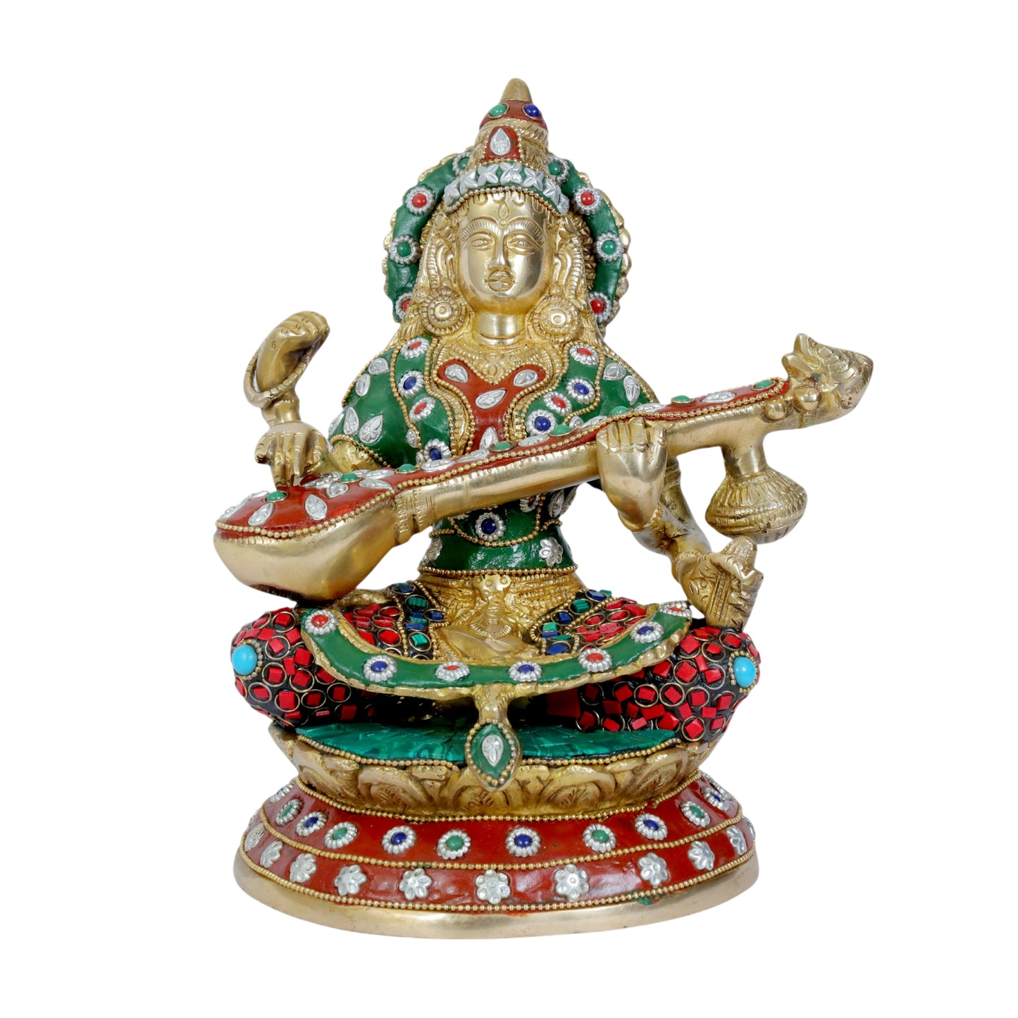 Brass Gem Stone Work Ma Saraswati Devi Murti for Home and Decor Height 27 cm Weight 4 Kg