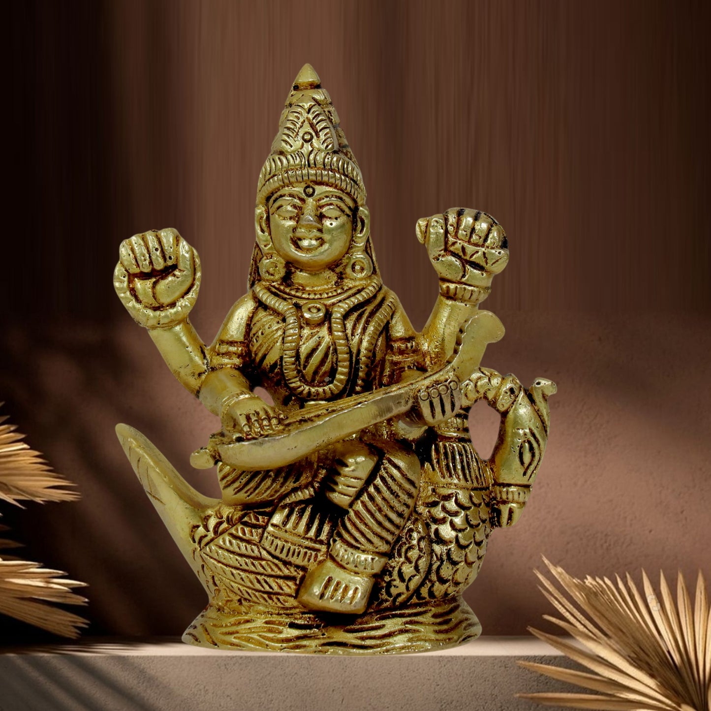 Brass Ma Saraswati Devi Murti for Home and Decor Show Piece Height 14 cm Weight .48 Kg