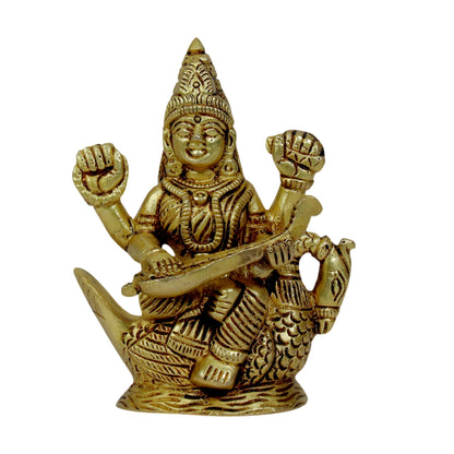 Brass Ma Saraswati Devi Murti for Home and Decor Show Piece Height 14 cm Weight .48 Kg