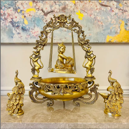 Brassaura® Brass Laddu Gopal Urli with Diya | Height 21 Inches