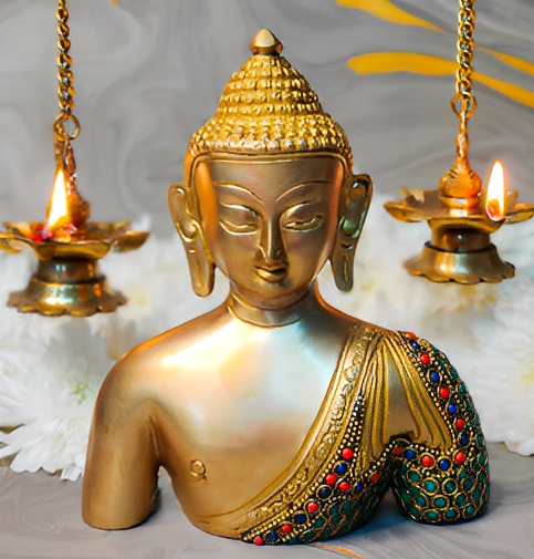 Brassaura™ Brass Buddha Bust with Natural Stones – Height 8 Inches, Weight 2 Kgs