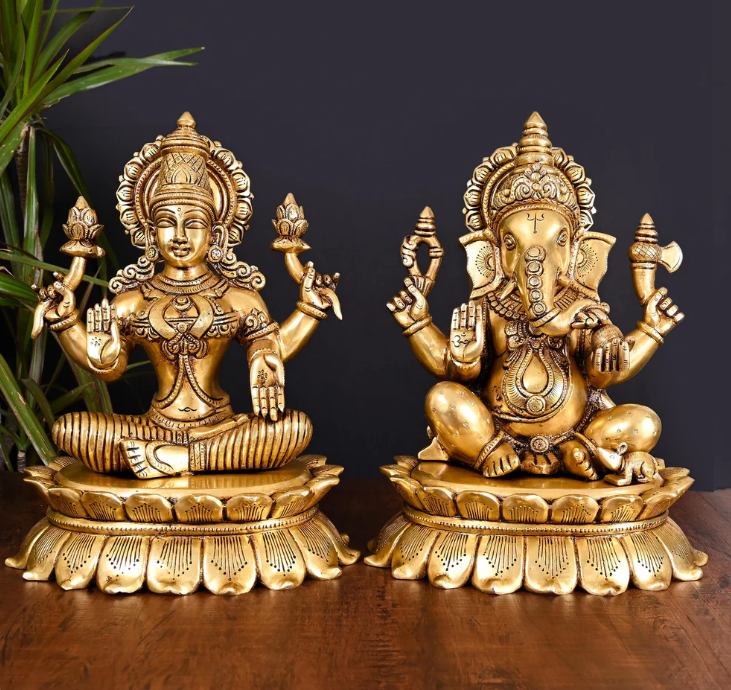Brassaura™ Lakshmi & Ganesha Brass Idol Set | Superfine Handcrafted Pair | Height 11 Inches & Combined Weight 14.5 Kgs