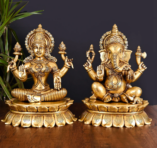 Brassaura® Lakshmi Ganesha Idol Set with Traditional Polished Brass Finish & Intricate Handcrafted Detailing | Pure Superfine Brass Handcrafted Murti | Brass Statue for Home Temple, Pooja Room | Height 11 Inches | Weight 14.5 Kgs