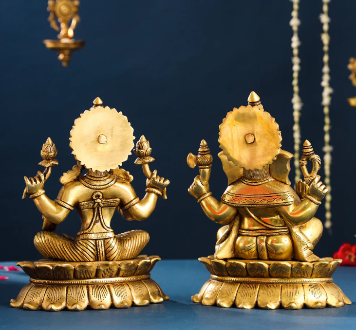 Brassaura™ Lakshmi & Ganesha Brass Idol Set | Superfine Handcrafted Pair | Height 11 Inches & Combined Weight 14.5 Kgs