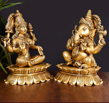 Brassaura™ Lakshmi & Ganesha Brass Idol Set | Superfine Handcrafted Pair | Height 11 Inches & Combined Weight 14.5 Kgs