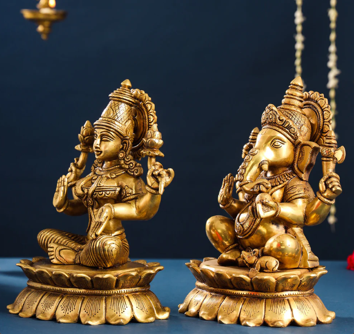 Brassaura™ Lakshmi & Ganesha Brass Idol Set | Superfine Handcrafted Pair | Height 11 Inches & Combined Weight 14.5 Kgs