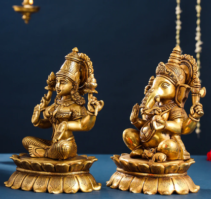 Brassaura™ Lakshmi & Ganesha Brass Idol Set | Superfine Handcrafted Pair | Height 11 Inches & Combined Weight 14.5 Kgs