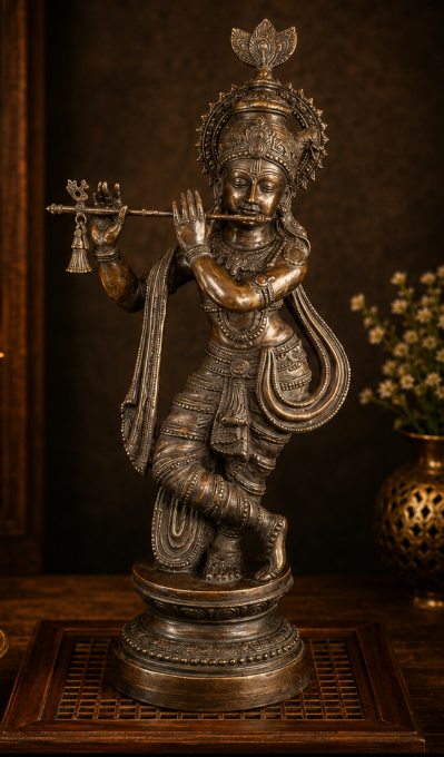 Brassaura® Lord Krishna Playing Flute Brass Idol | Pure Brass Handcrafted Murti | Krishna Statue for Home Temple, Living Room & Spiritual Décor | Height 35.5 Inches | Weight 23 Kgs