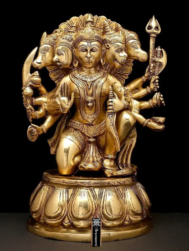 Brassaura® Panchmukhi Hanuman Kneeling Blessing Pose Idol with Natural Brass Finish | Pure Superfine Brass Handcrafted Murti | Brass Statue for Home Temple, Pooja Room | Height 12.5 Inches | Weight 8.45 Kgs