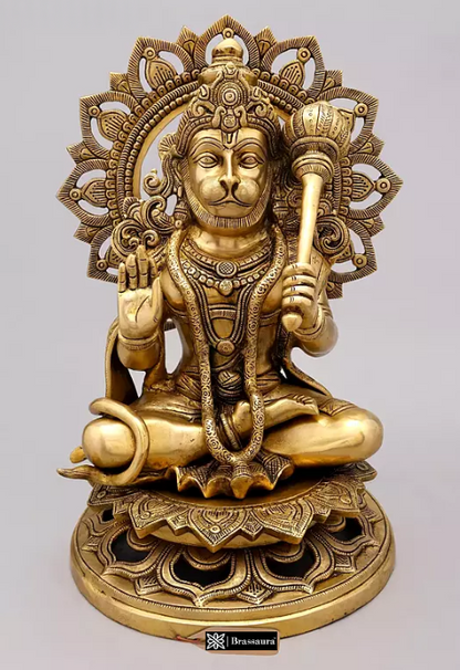 Brassaura® Hanuman Seated Blessing Pose Idol with Natural Brass Finish | Pure Superfine Brass Handcrafted Murti | Brass Statue for Home Temple, Pooja Room | Height 18 Inches | Weight 17 Kgs