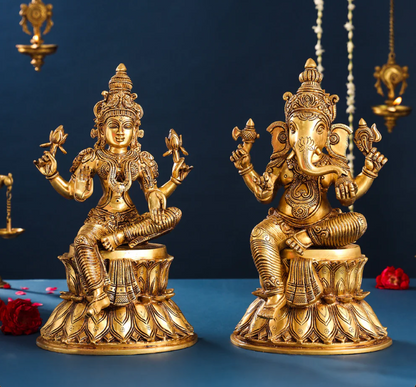 Brassaura™ Lakshmi & Ganesha Brass Idol Set | Handcrafted Superfine Pair | Height 14.8 Inches & Combined Weight 16.4 Kgs