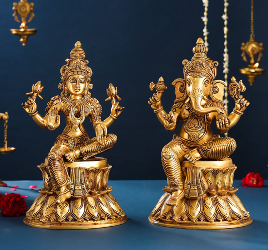 Brassaura™ Lakshmi & Ganesha Brass Idol Set | Handcrafted Superfine Pair | Height 14.8 Inches & Combined Weight 16.4 Kgs