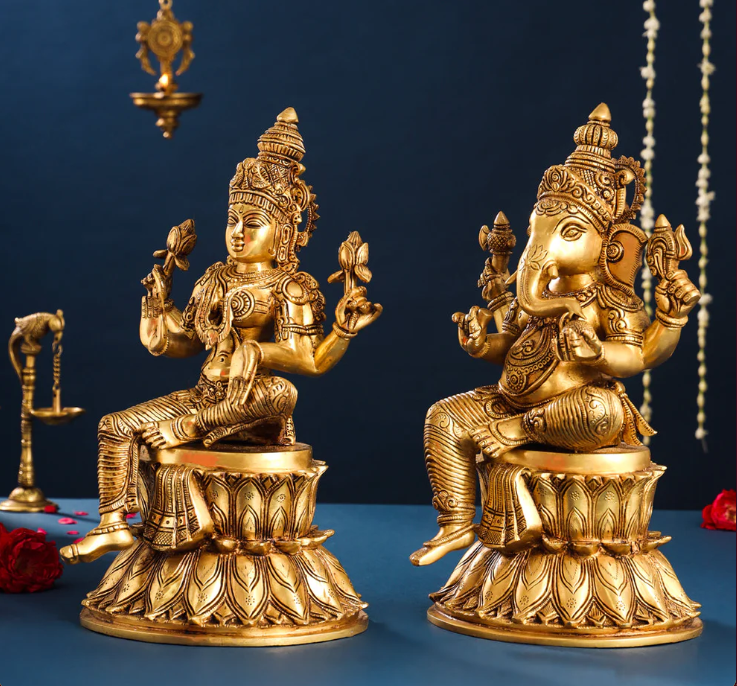 Brassaura™ Lakshmi & Ganesha Brass Idol Set | Handcrafted Superfine Pair | Height 14.8 Inches & Combined Weight 16.4 Kgs