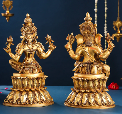 Brassaura™ Lakshmi & Ganesha Brass Idol Set | Handcrafted Superfine Pair | Height 14.8 Inches & Combined Weight 16.4 Kgs
