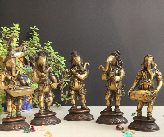 Brassaura™ Set of 5 Brass Musical Ganesha Idols | Height 7 Inches & Combined Weight 8.25 Kgs