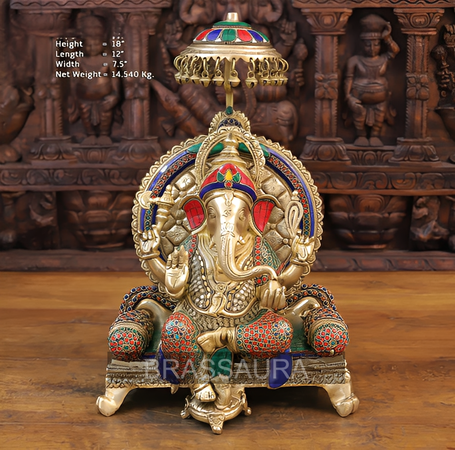 Brassaura® Seated Ganesha Brass Idol on Chowki with Umbrella & Stonework Detailing | Decorative Spiritual Showpiece | Height 18 Inches