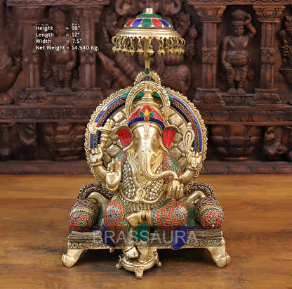 Brassaura® Seated Ganesha Brass Idol on Chowki with Umbrella & Stonework Detailing | Decorative Spiritual Showpiece | Height 18 Inches
