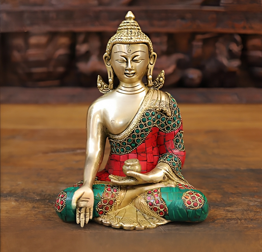 Brassaura® Colorful Buddha Idol for Home & Décor | Pure Superfine Brass Handcrafted Murti, Brass Statue for Home Temple, Pooja Room | Height 8 Inches | Weight 2.32 Kg