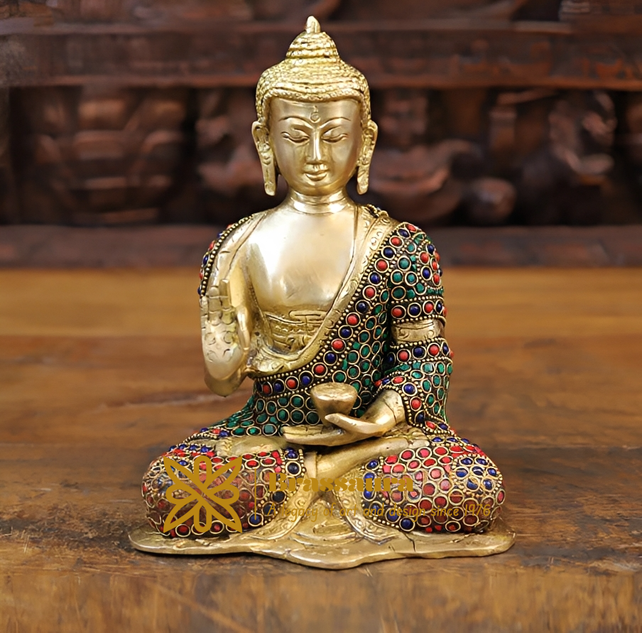 Brassaura® Colorful Buddha Idol for Home & Décor | Pure Superfine Brass Handcrafted Murti, Brass Statue for Home Temple, Pooja Room | Height 8.5 Inches | Weight 2.28 Kg