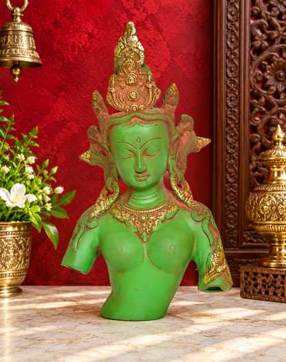 Brassaura® Traditional Crowned Deity Bust Statue with Green and Antique Gold Finish | Handcrafted Murti | Brass Statue | Height 13 Inches | Weight 4.200 Kgs