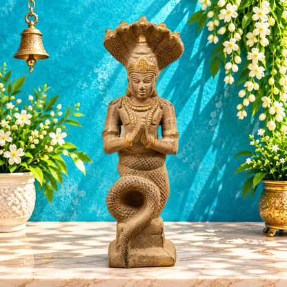 Brassaura® Brass Naga Devta Idol | Sacred Serpent Deity Statue with Sheshnag Canopy | Traditional Brass Sculpture for Home Temple, Spiritual Décor & Gifting | 9.5 Inches | 1.88 Kg