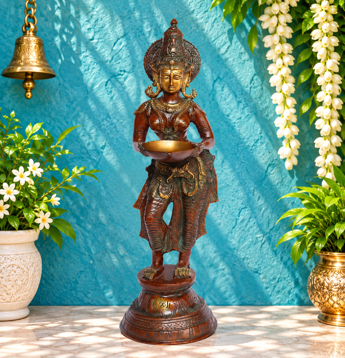 Brassaura® Brass Lady Holding Diya | Pure Superfine Brass Handcrafted Murti | Brass Statue for Home Temple, Pooja Room | Height 28 Inches | Weight 11.5 Kgs