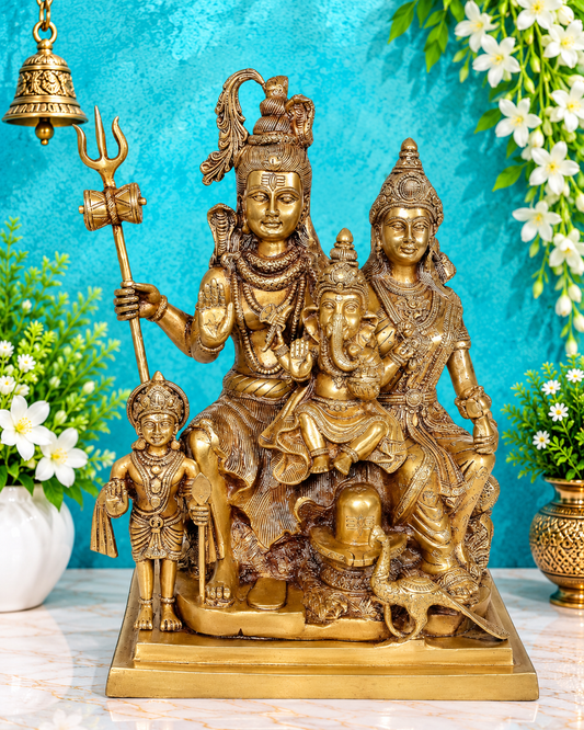 Brassaura® Shiv Parivar Brass Statue with Traditional Multicolor Finish | Pure Superfine Brass Handcrafted Murti | Brass Statue for Home Temple, Pooja Room | Height 15.4 Inches | Weight 15 Kgs