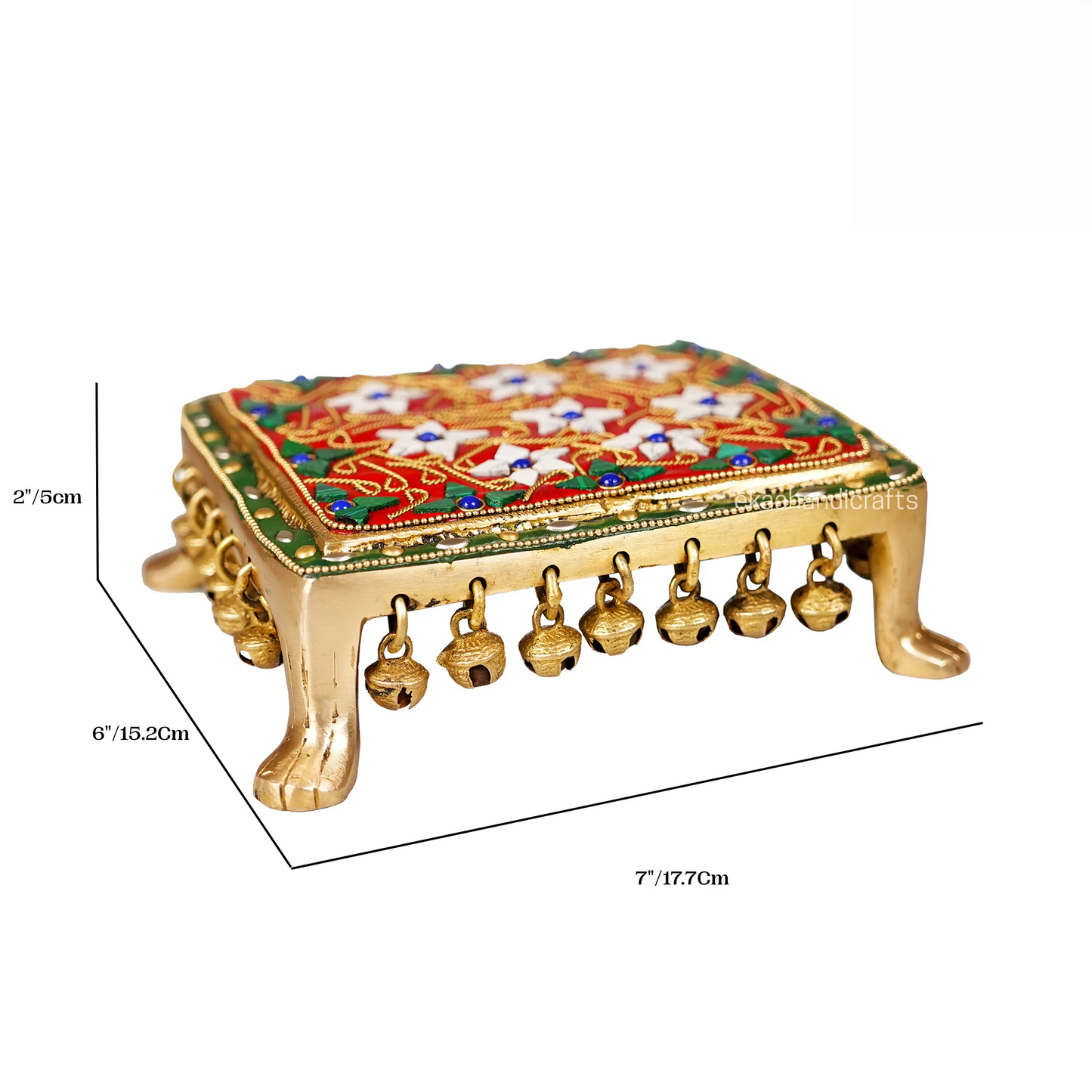 Brassaura® Brass Puja Chowki | Height 2 Inches | Stonework Mandir Platform with Ghungroo Bells