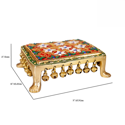 Brassaura® Brass Puja Chowki | Height 2 Inches | Stonework Mandir Platform with Ghungroo Bells