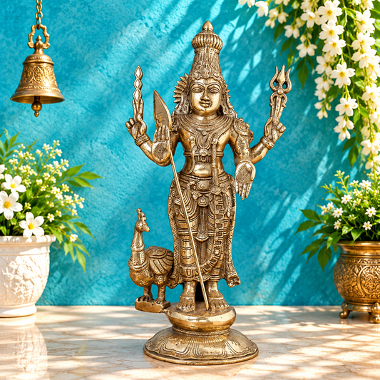 Brassaura® Kartikeya Murugan Standing Idol with Golden Finish | Pure Superfine Brass Handcrafted Murti | Brass Statue for Home Temple, Pooja Room | Height 20 Inches | Weight 10.3 Kgs