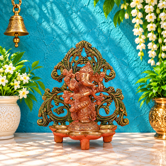 Brassaura® Brass Ganesh Deepak with Golden Brass Finish | Pure Superfine Brass Handcrafted Murti | Brass Statue for Home Temple, Pooja Room | Height 9 Inches | Weight 1.11 Kgs