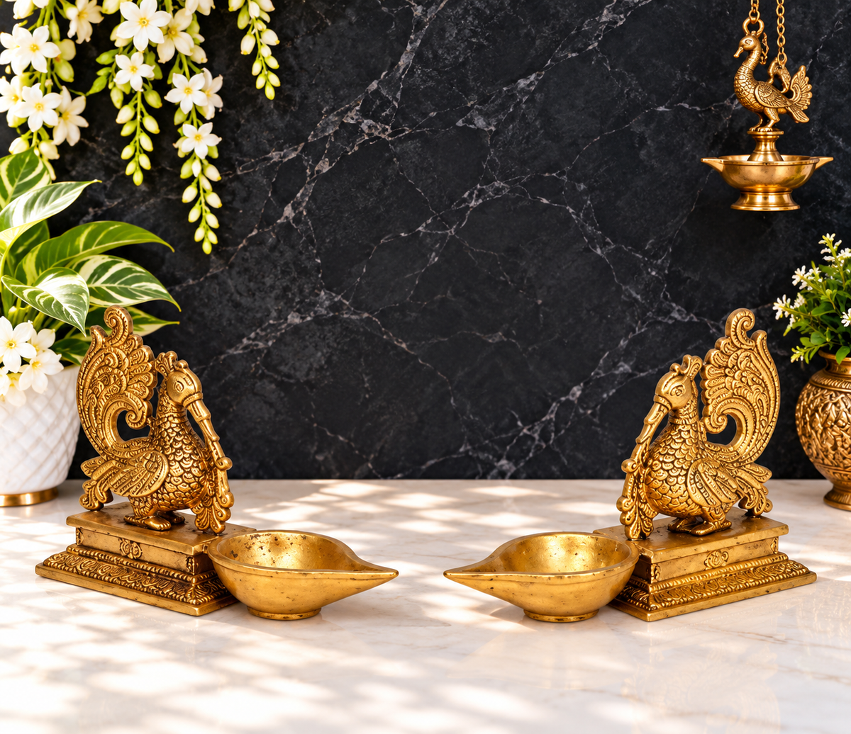 Brassaura® Pair of Mayur Brass Lamps | Pure Superfine Brass Handcrafted Murti | Brass Statue for Home Temple, Pooja Room | Height 5.51 Inches | Weight 2.4 Kgs