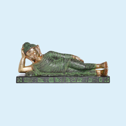 Brassaura® Reclining Buddha Brass Statue | Green Antique Finish | Height: 9.4 Inches & Weight 9.43 Kgs