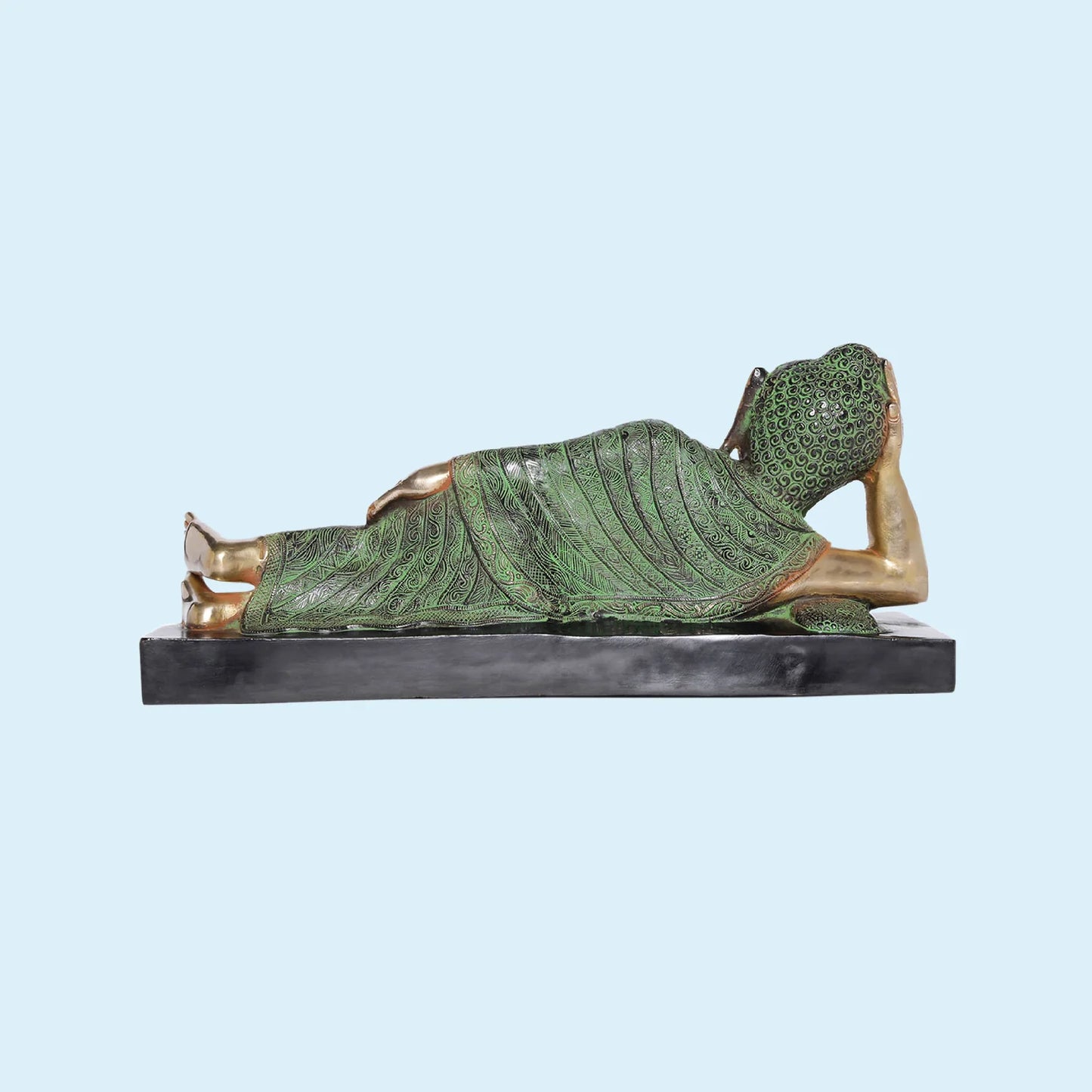 Brassaura® Reclining Buddha Brass Statue | Green Antique Finish | Height: 9.4 Inches & Weight 9.43 Kgs