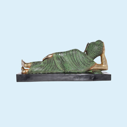 Brassaura® Reclining Buddha Brass Statue | Green Antique Finish | Height: 9.4 Inches & Weight 9.43 Kgs