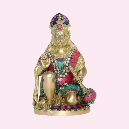 Brassaura® Hanuman Ji Statue with Stonework | Brass Decorative Idol | Height 9.5 Inches & Weight 1.13 Kgs