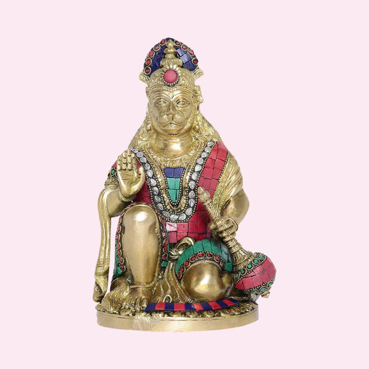 Brassaura® Hanuman Ji Statue with Stonework | Brass Decorative Idol | Height 9.5 Inches & Weight 1.13 Kgs