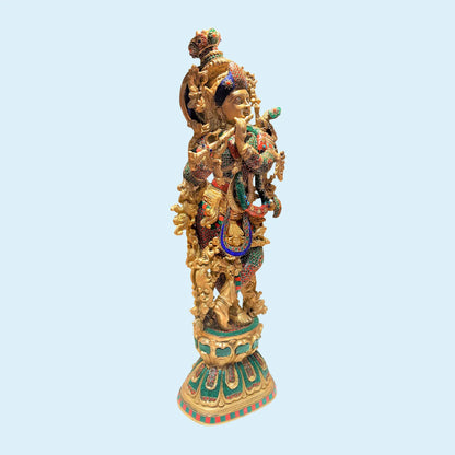 Brassaura® Standing Lord Krishna with Stonework Pedestal | Premium Brass Sculpture | Height 29 Inches & Weight 17 Kgs