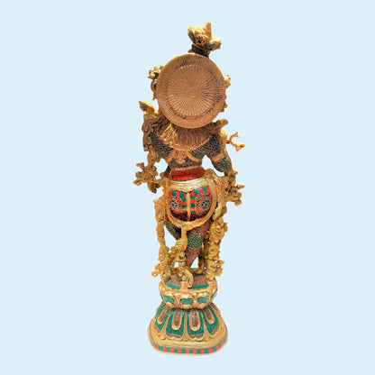 Brassaura® Standing Lord Krishna with Stonework Pedestal | Premium Brass Sculpture | Height 29 Inches & Weight 17 Kgs