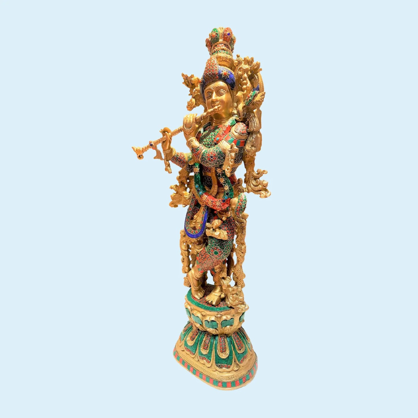 Brassaura® Standing Lord Krishna with Stonework Pedestal | Premium Brass Sculpture | Height 29 Inches & Weight 17 Kgs