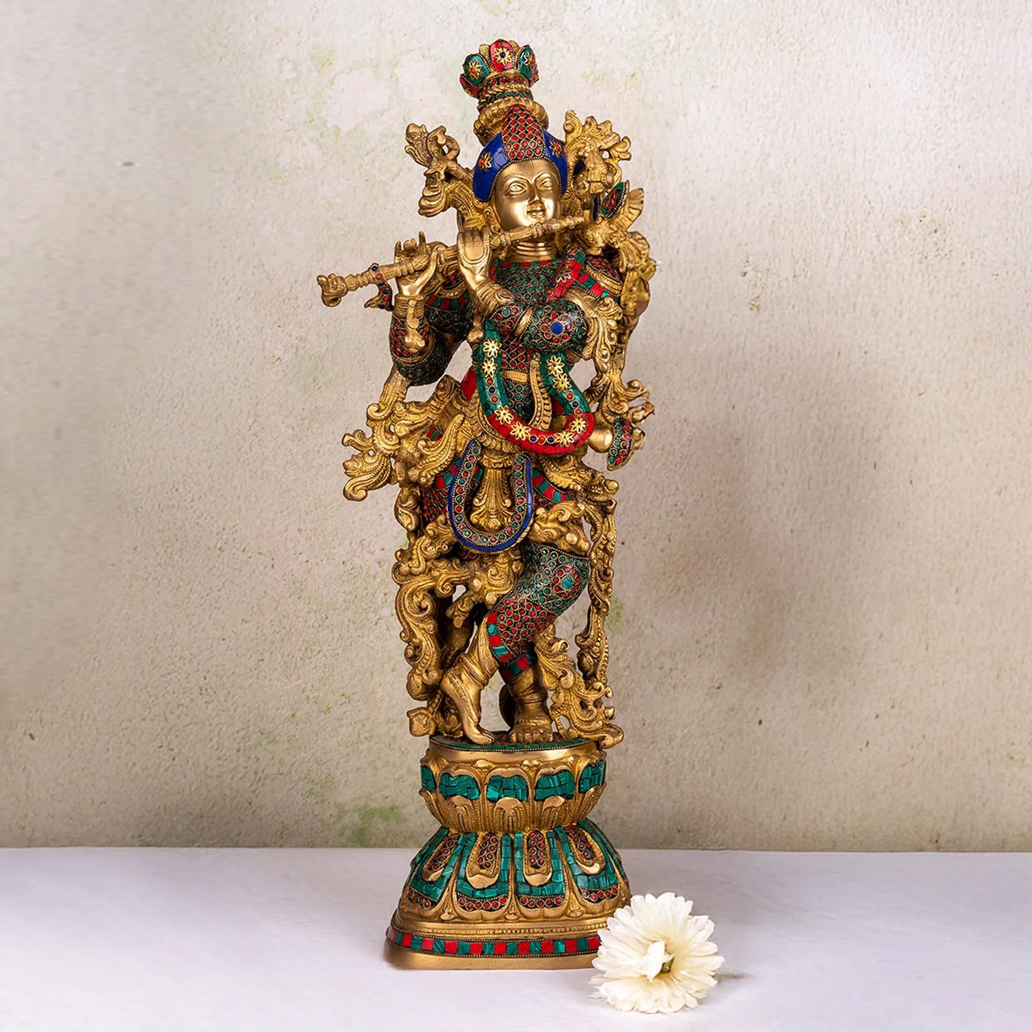 Brassaura® Standing Lord Krishna with Stonework Pedestal | Premium Brass Sculpture | Height 29 Inches & Weight 17 Kgs