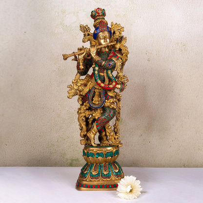 Brassaura® Standing Lord Krishna with Stonework Pedestal | Premium Brass Sculpture | Height 29 Inches & Weight 17 Kgs
