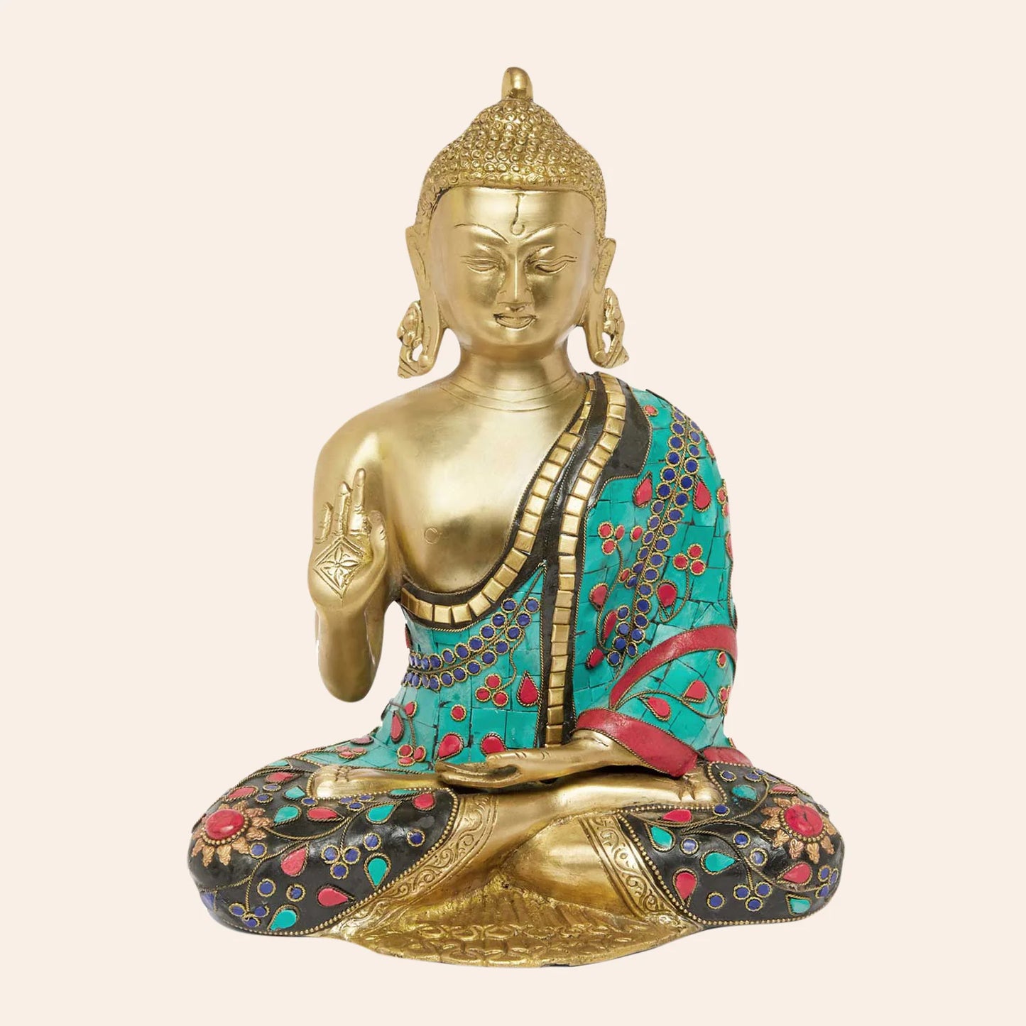 Brassaura® Meditating Buddha Brass Statue with Stonework | Height 12.6 Inches & Weight 5.34 Kgs