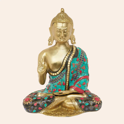Brassaura® Meditating Buddha Brass Statue with Stonework | Height 12.6 Inches & Weight 5.34 Kgs
