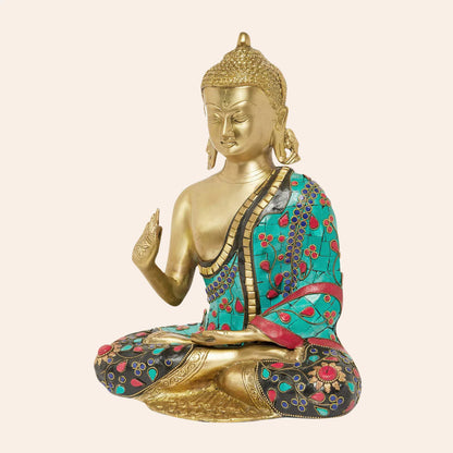 Brassaura® Meditating Buddha Brass Statue with Stonework | Height 12.6 Inches & Weight 5.34 Kgs