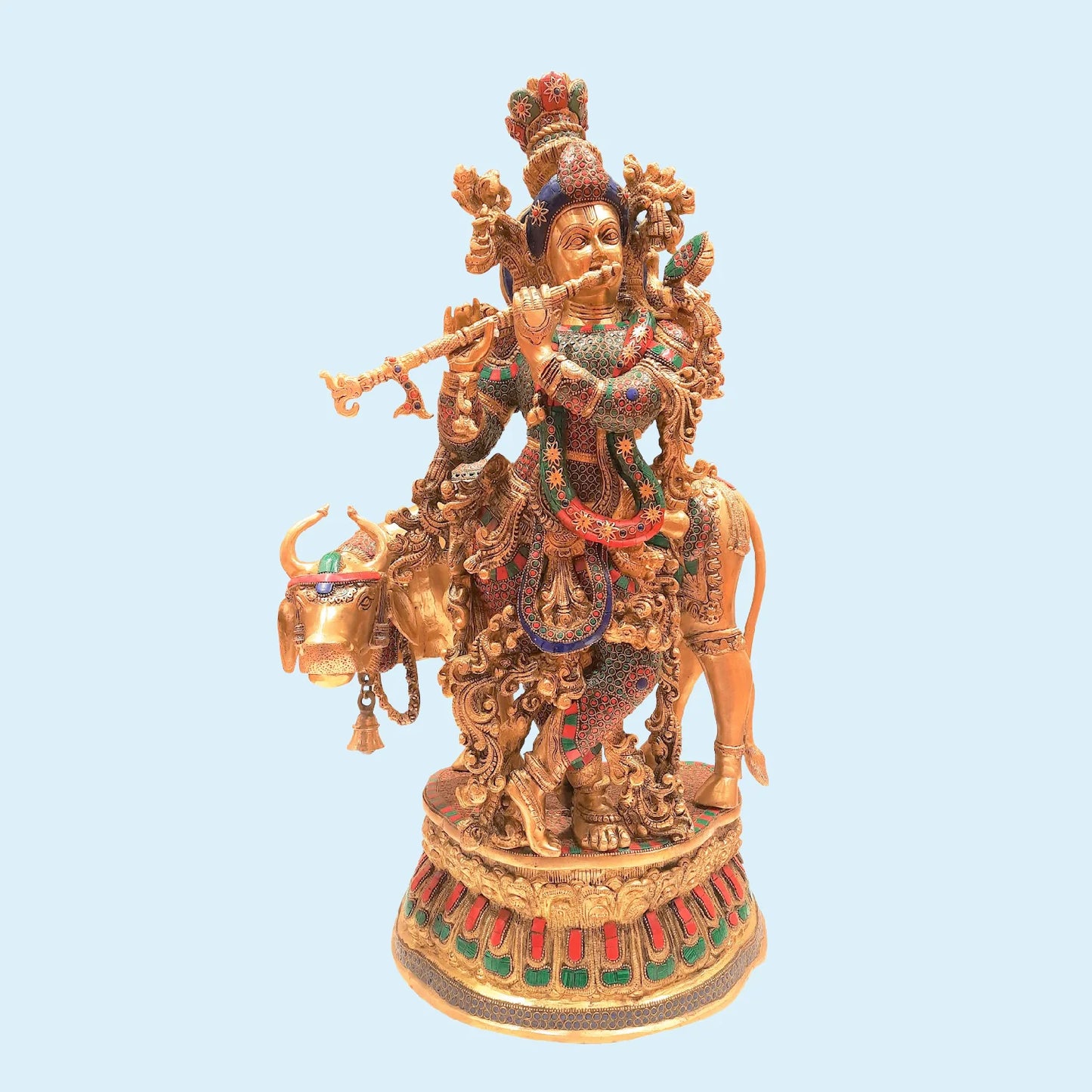 Brassaura® Lord Krishna with Cow and Stonework | Premium Brass Sculpture | Height 29 Inches & Weight 32 Kgs