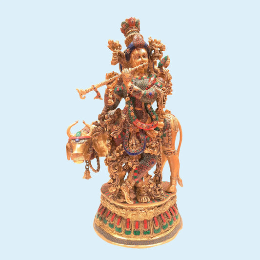 Brassaura® Lord Krishna with Cow and Stonework | Premium Brass Sculpture | Height 29 Inches & Weight 32 Kgs