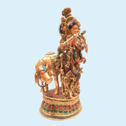 Brassaura® Lord Krishna with Cow and Stonework | Premium Brass Sculpture | Height 29 Inches & Weight 32 Kgs