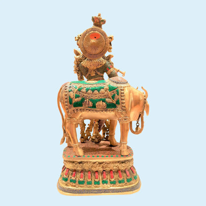Brassaura® Lord Krishna with Cow and Stonework | Premium Brass Sculpture | Height 29 Inches & Weight 32 Kgs