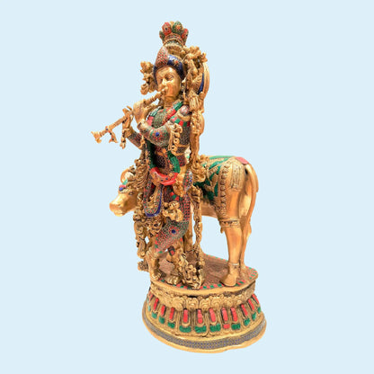 Brassaura® Lord Krishna with Cow and Stonework | Premium Brass Sculpture | Height 29 Inches & Weight 32 Kgs
